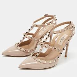 Pre Owned Valentino Dusty Pink Patent Leather Rockstud Ankle Strap Pumps Size 37.5