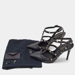 Pre Owned Valentino Black Leather Rolling Rockstud Ankle Strap Pumps Size 38