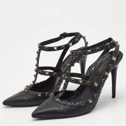Pre Owned Valentino Black Leather Rolling Rockstud Ankle Strap Pumps Size 38
