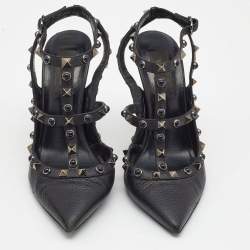 Pre Owned Valentino Black Leather Rolling Rockstud Ankle Strap Pumps Size 38