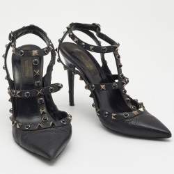 Pre Owned Valentino Black Leather Rolling Rockstud Ankle Strap Pumps Size 38