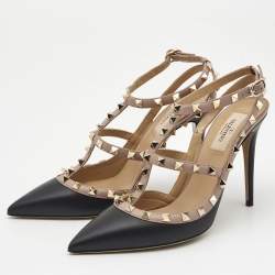 Pre Owned Valentino Black/Beige Leather Rockstud Pumps Size 40