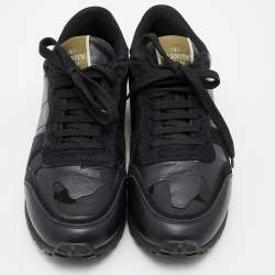 Pre Owned Valentino Black Camouflage Leather and Suede Rockstud Low Top Sneakers Size 38