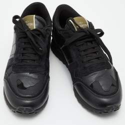 Pre Owned Valentino Black Camouflage Leather and Suede Rockstud Low Top Sneakers Size 38