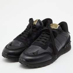 Pre Owned Valentino Black Camouflage Leather and Suede Rockstud Low Top Sneakers Size 38