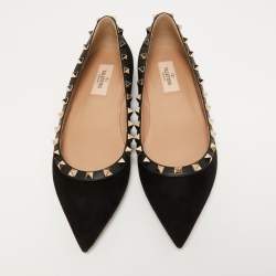 Pre Owned Valentino Black Suede Rockstud Ballet Flats Size 38.5