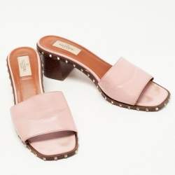 Pre Owned Valentino Pink Leather Rockstud Slide Sandals Size 39
