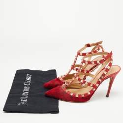 Pre Owned Valentino Red Leopard Print Calf Hair and Leather Rockstud Ankle Strap Pumps Size 38.5