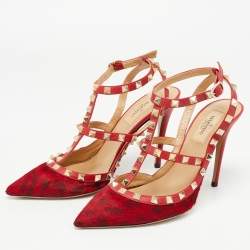 Pre Owned Valentino Red Leopard Print Calf Hair and Leather Rockstud Ankle Strap Pumps Size 38.5
