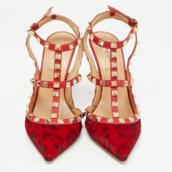 Pre Owned Valentino Red Leopard Print Calf Hair and Leather Rockstud Ankle Strap Pumps Size 38.5