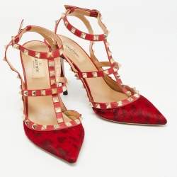 Pre Owned Valentino Red Leopard Print Calf Hair and Leather Rockstud Ankle Strap Pumps Size 38.5