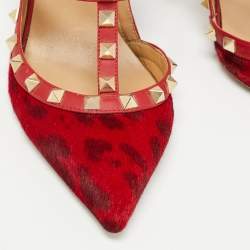 Pre Owned Valentino Red Leopard Print Calf Hair and Leather Rockstud Ankle Strap Pumps Size 38.5