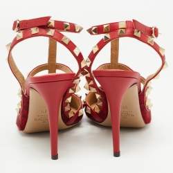 Pre Owned Valentino Red Leopard Print Calf Hair and Leather Rockstud Ankle Strap Pumps Size 38.5