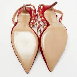 Pre Owned Valentino Red Leopard Print Calf Hair and Leather Rockstud Ankle Strap Pumps Size 38.5