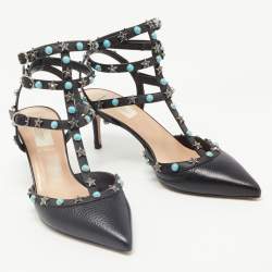 Pre Owned Valentino Black Leather Rockstud  Ankle Strap Pumps Size 40