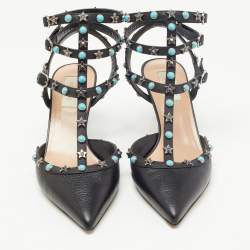 Pre Owned Valentino Black Leather Rockstud  Ankle Strap Pumps Size 40