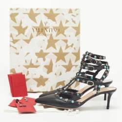 Pre Owned Valentino Black Leather Rockstud  Ankle Strap Pumps Size 40