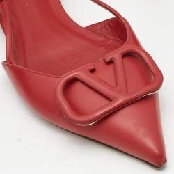 Pre Owned Valentino Red Leather Escape VLogo Slingback Flats Size 38.5