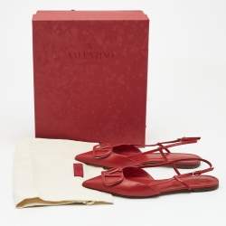 Pre Owned Valentino Red Leather Escape VLogo Slingback Flats Size 38.5