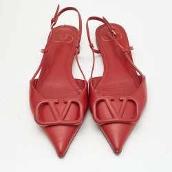 Pre Owned Valentino Red Leather Escape VLogo Slingback Flats Size 38.5