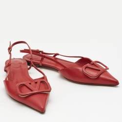 Pre Owned Valentino Red Leather Escape VLogo Slingback Flats Size 38.5