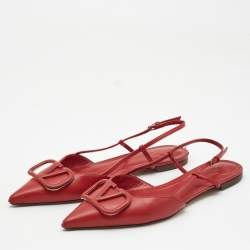 Pre Owned Valentino Red Leather Escape VLogo Slingback Flats Size 38.5