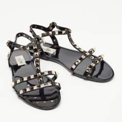 Pre Owned Valentino Black Rubber Rockstud Ankle Strap Flat Sandals Size 39