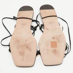 Pre Owned Valentino Black Leather Rockstud Ankle Tie Flat Sandals Size 39