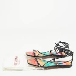 Pre Owned Valentino Black Leather Rockstud Ankle Tie Flat Sandals Size 39
