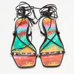 Pre Owned Valentino Black Leather Rockstud Ankle Tie Flat Sandals Size 39