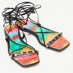 Pre Owned Valentino Black Leather Rockstud Ankle Tie Flat Sandals Size 39