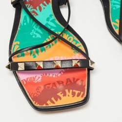 Pre Owned Valentino Black Leather Rockstud Ankle Tie Flat Sandals Size 39