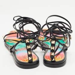 Pre Owned Valentino Black Leather Rockstud Ankle Tie Flat Sandals Size 39