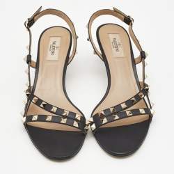 Pre Owned Valentino Black Leather Rockstud Ankle Strap Sandals Size 39