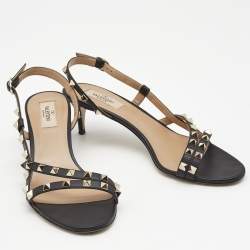 Pre Owned Valentino Black Leather Rockstud Ankle Strap Sandals Size 39
