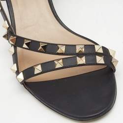Pre Owned Valentino Black Leather Rockstud Ankle Strap Sandals Size 39