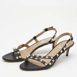 Pre Owned Valentino Black Leather Rockstud Ankle Strap Sandals Size 39