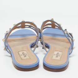 Pre Owned Valentino Blue Leather Rockstud Flat Slides Size 37