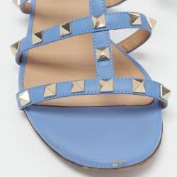 Pre Owned Valentino Blue Leather Rockstud Flat Slides Size 37