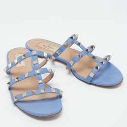Pre Owned Valentino Blue Leather Rockstud Flat Slides Size 37