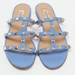 Pre Owned Valentino Blue Leather Rockstud Flat Slides Size 37