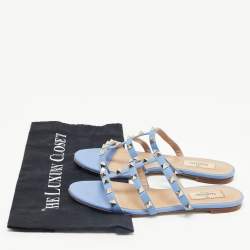 Pre Owned Valentino Blue Leather Rockstud Flat Slides Size 37