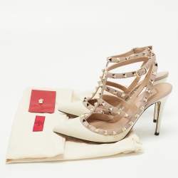 Pre Owned Valentino Off White/Dusty Pink Leather Rockstud Ankle Strap Pumps Size 37