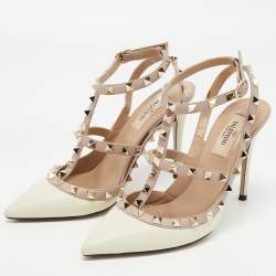 Pre Owned Valentino Off White/Dusty Pink Leather Rockstud Ankle Strap Pumps Size 37