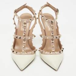 Pre Owned Valentino Off White/Dusty Pink Leather Rockstud Ankle Strap Pumps Size 37