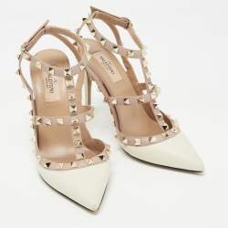 Pre Owned Valentino Off White/Dusty Pink Leather Rockstud Ankle Strap Pumps Size 37