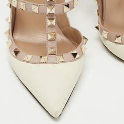 Pre Owned Valentino Off White/Dusty Pink Leather Rockstud Ankle Strap Pumps Size 37