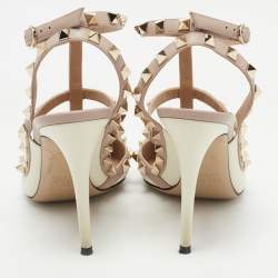 Pre Owned Valentino Off White/Dusty Pink Leather Rockstud Ankle Strap Pumps Size 37