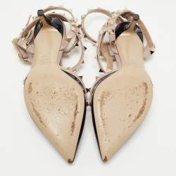 Pre Owned Valentino Black/Beige Patent and Leather Rockstud Pumps Size 36.5