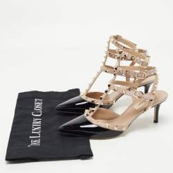 Pre Owned Valentino Black/Beige Patent and Leather Rockstud Pumps Size 36.5